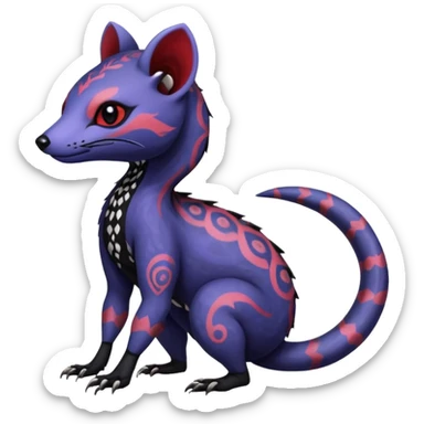 Rare warm-colored exotic gloomy tropical edgy cute epic aesthetic spooky indigo violet white black red gothic colorful Salandit-Noibat-Civet-species-Fakemon-hybrid-creature, with tribal tattoo markings, full body sticker