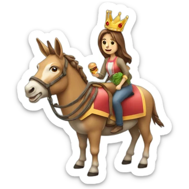 A man and a woman eating a burger while riding a donkey with a golden crown on top of its head sticker