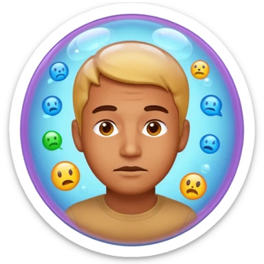 Realistic emoji-style man trapped inside a glowing filter bubble. The bubble contains identical social media icons and repeating content symbols. Outside the bubble are colorful diverse icons he cannot see. The man looks comfortable but unaware, expressing narrow perspective. sticker