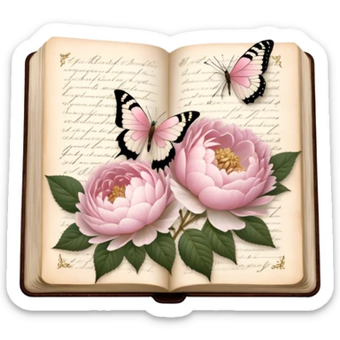 An aged botanical journal, its golden-edged pages filled with delicate pressed pink roses, white peonies, and blush dahlias, as a pearl butterfly delicately rests on the handwritten notes.
 sticker