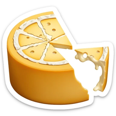 small circular Coulommiers cheese wheel with white velvety bloomy rind and creamy pale yellow interior, neat wedge cut out showing gooey edge and smooth texture, soft lighting, subtle shadows, transparent background, emoji scale sticker