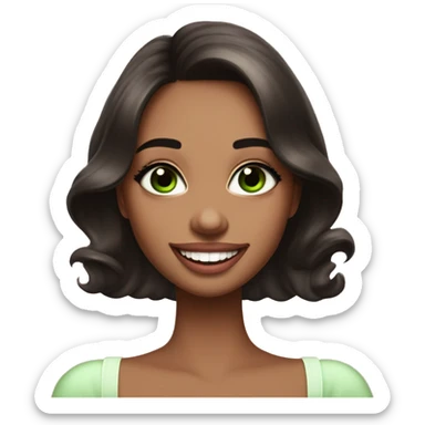 beautiful girl with high cheek bones orange blush, long straight shiny dark brown hair, big green eyes and big pale pink lips. Long thick eyelashes. Wearing a cream bustier.  She is laughing sticker