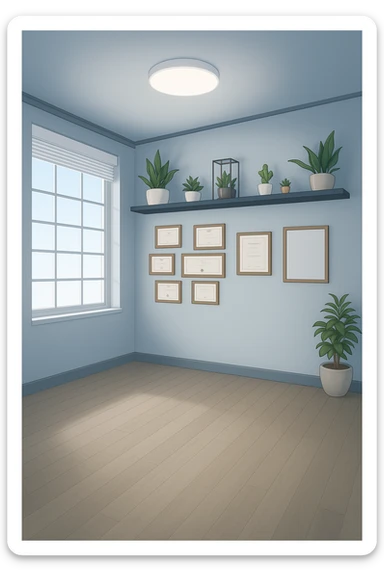 faMMI QUESTA STANZA STILE MANGA/WEBTOON A COLORI SENZA LE PERSONE E SENZA LETTINO, SOLO LA STANZA. FALLA MOLTO PIù LUMINOSA CON LUCI PIù FREDDE E MODERNE, NON LUCI GIALLE sticker