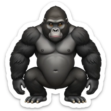 cinematic-friendly relaxed gorilla-realistic-full-body-crouched on all fours-emoji,-broad-frame-poised-with-confidence,-massive-arms-hanging-slightly-forward,-head-tilted-thoughtfully,-thick-black-fur,-deep-dark-eyes-full-of-intelligence,-simplified-yet-realistic sticker