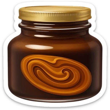 open jar or shallow tin containing thick, glossy dark brown to black paste with smooth slightly swirled surface, dense oily texture with subtle amber highlights, no spatula, no bubbles, no extras, just open container and visible soap, soft lighting, subtle shadows, emoji scale sticker