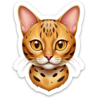 Cinematic Bengal Cat Portrait Emoji, Elegant and striking, sleek spotted brown and gold tones, Simplified yet sharp features, highly detailed, glowing with a warm, confident glow, high shine, playful and curious, stylized with an air of grace, focused and attentive, soft glowing outline, capturing the essence of agility and confidence, so lifelike it feels as though it could spring into motion at any moment! sticker