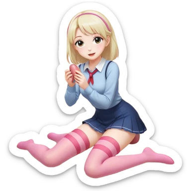 Anime girl in thigh-high stockings, kneeling on the floor while reaching for a pink sausage. Her pose is cute and slightly playful, with a soft and charming expression. She wears a casual yet stylish outfit, and the scene has smooth shading with a warm and inviting atmosphere. sticker