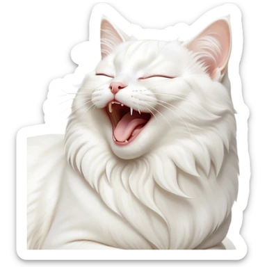 Cinematic Cute Yawning White Cat Portrait Emoji, Head gently tilted with an endearing, wide-open yawn and softly closed eyes, showcasing a pristine white fur with delicate hints of silver, simplified yet irresistibly adorable, highly detailed, glowing with a tender, cozy radiance, high shine, exuding sleepy charm and gentle affection, styled with a soft glowing outline, capturing the essence of a white cat caught mid-yawn, radiating pure, adorable lethargy! sticker