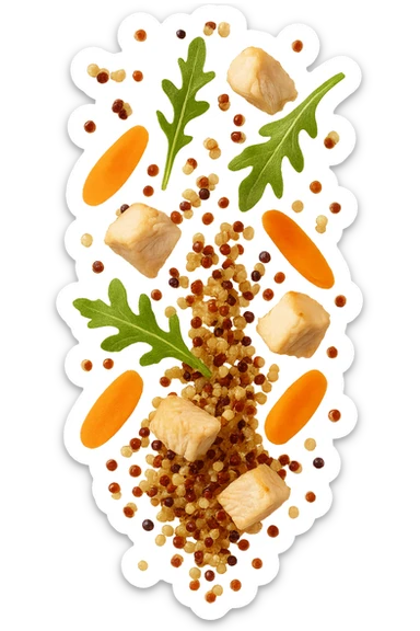 EMOJI STILE IPHONE DI quinoa e pollo con rucola e carote CHE CADONO VERTICALMENTE DALL'ALTO, iperrealistica 4k sticker