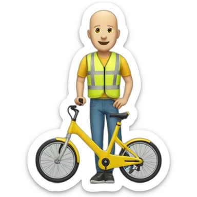 a bald white man with a yellow safety vest and a yellow bicycle helmet on a trotinette sticker