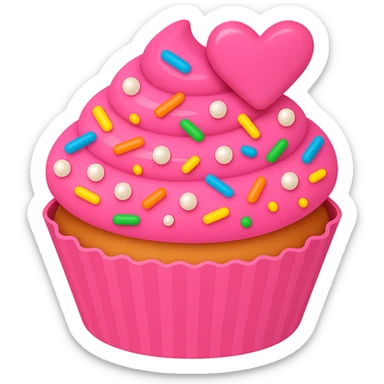 Add rainbow sprinkles to the pink cupcake with pearls in emoji style. The cupcake should have no background. Keep the look of an emoji style cupcake with vibrant colors and simple shapes. sticker