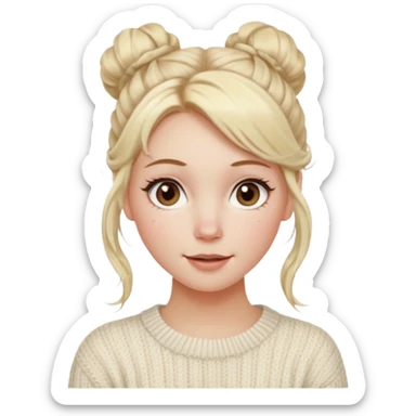 blonde hazel eyes woman with a white cable knit sweater and one messy bun with tendrils of hair flowing down her face and she is happy pale, some freckles, blush. she has a cateye wing and long lashes sticker