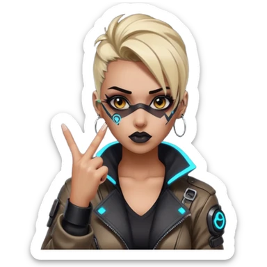 Woman with her tongue out in cyberpunk clothing and giving the middle finger. Looking naughty. sticker