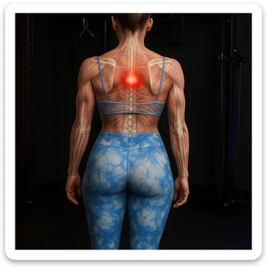 Anatomical hyperrealistic 4K view of a woman from the back in a gym environment, showing a muscle contracture as a clearly visible knot at the center of the upper back muscles, translucent muscles and skin, with a red halo. sticker