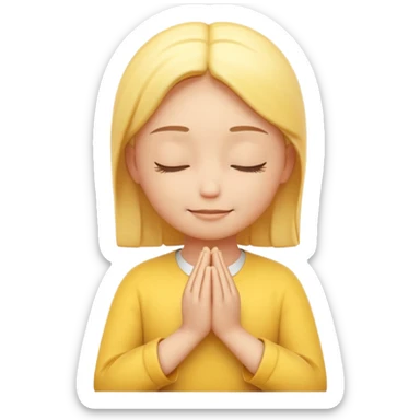A 3D Apple-style yellow round emoji, calm and patient expression, closed eyes with a gentle smile, hands together in front as if waiting or praying, soft relaxed eyebrows, subtle glow around the head to symbolize patience, clean minimal background sticker