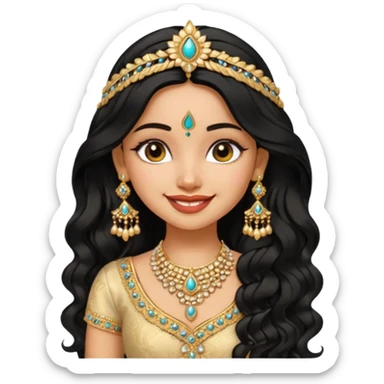 a pretty bratz fair indian girl wearing an indian wedding outfit,  golden jewellery, black wavy hair sticker