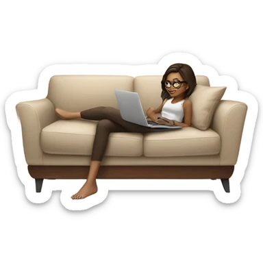 brunette girl laying on a cream colored couch with brown pillows with glasses on and a laptop on small table in front with coffee cup on mouse pad sticker