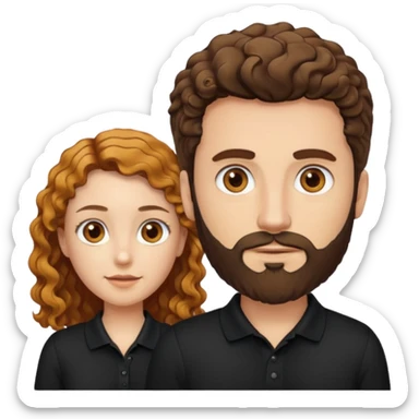 Criar Casal - Homem branco de cabelo liso e olhos marrom, com barba, camiseta polo preta e mulher de pele branca cabelo cacheado marrom longo e olhos mel sticker