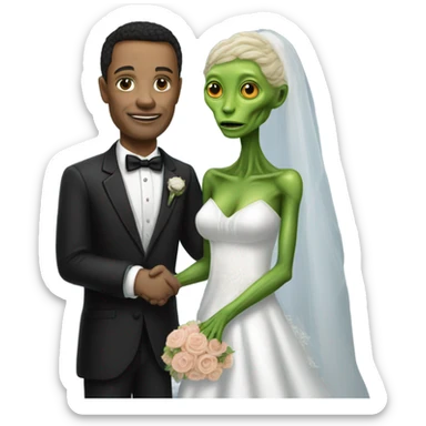 humman man in a tuxedo holding, Alien reprilian woman in wedding dress, and one , hands getting married sticker