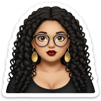 teen big plus size, latina, darker tan skin, gold earrings, long black curly hair, baddie,pretty, makeup, dark red lipgloss, black eyeliner, long hair, black top, black glasses sticker