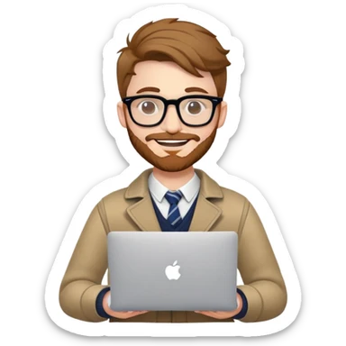 smiling college stylish British  hipster man with MacBook with glasses sticker