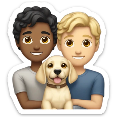 gay-couple,-1-guy-straight-blackhair australian-and-1-australian-white-guy-with-blackhair-slightly-curly-holding one light yellow labrador retriever puppy one labrador retriever puppy sticker