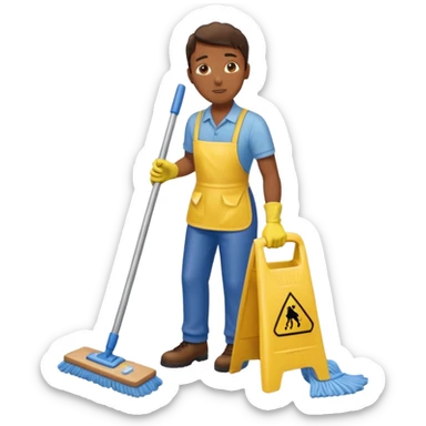 Custodian with yellow rubber gloves, mopping floor sticker