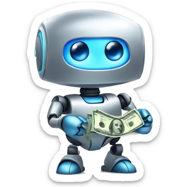 cute silver big-blue-eyed robot holding money sticker