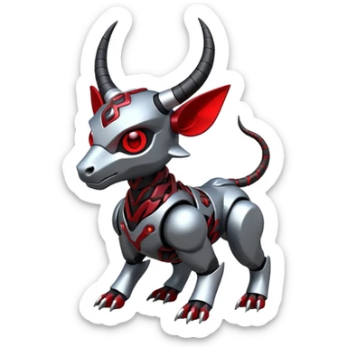 Futuristic mechanical cyborg horned modern badass cool shiny metallic alloy silver-grey obsidian-black crimson-red white animal hybrid Fakemon full body with intricate patterns sticker
