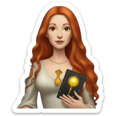 redhead white woman medium long straight hair, holding a tarot card in her hand sticker