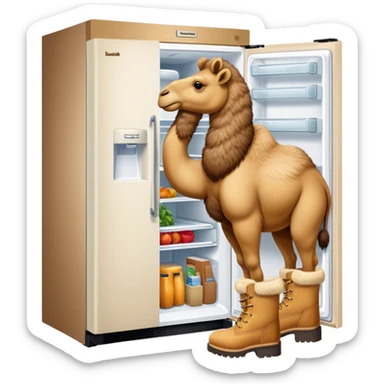 A white kitchen refrigerator with camel head poking out from an open door and furry camel legs wearing classic wheat-colored Timberland boots sticker