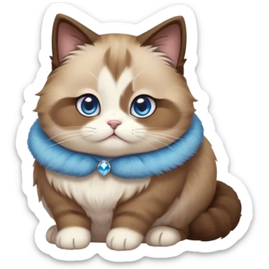 Cinematic Cute Chubby Brown Mantle Snowshoe Cat Portrait Emoji, Round and plump body, soft brown fur draped over its back like a luxurious coat, contrasted by fluffy white paws, chest, and an adorably chubby face, big, sparkling icy-blue eyes, Simplified yet irresistibly adorable features, highly detailed, glowing with a warm, cozy glow, high shine, curious yet calm, stylized with a touch of whimsy, bright and endearing, soft glowing outline, capturing the essence of a mischievous yet lazy and lovable kitty, so cuddly it feels like it could waddle right out of the screen for a snuggle! sticker