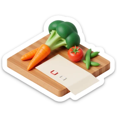 3D isometric illustration of a wooden cutting board with fresh vegetables (carrot, broccoli, tomato, peas), a paper grocery list with checkboxes, soft lighting, realistic textures, floating shadows, minimalistic style, dark background, modern food planning app aesthetic sticker