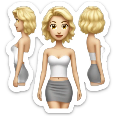 hyperrealistic caucasian long blonde woman white v-neck strapless gray tight mini skirt sticker