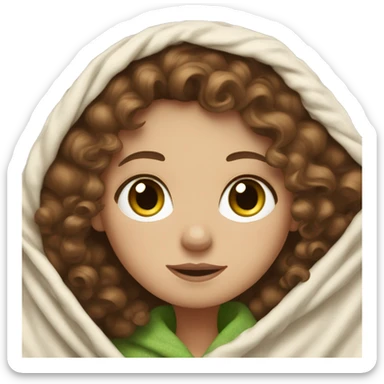 White girl with curly brown hair and green eyes in blanket sticker