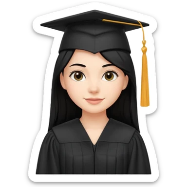white girl with straight black hair, standing proudly in black graduation cap and gown, subtle smile sticker