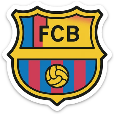 iconic representation of FC Barcelone focusing on club's initials FCB in stylized shield with blue and garnet color blocks and subtle football motif sticker
