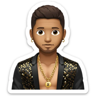 Usher with dark brown hair, black sequin jacket, shirtless with necklace  sticker
