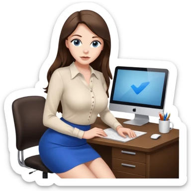 sexy woman brunette, very large breasts, pale skin, blue eyes, long brown hair, tight white blouse, short black skirt. at desk sticker