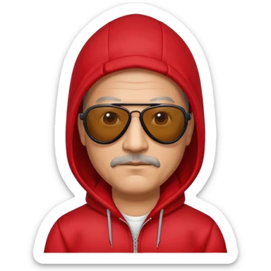 50-year-old man with slight stubble on upper lip, black aviator sunglasses, wearing a red hoodie with hood up sticker