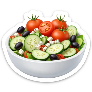 mediterranean salad bowl object icon, tomatoes, cucumbers, olives, feta cheese, olive oil dressing, 3D cartoon, mobile game icon style, clean background, no text, no watermark
 sticker
