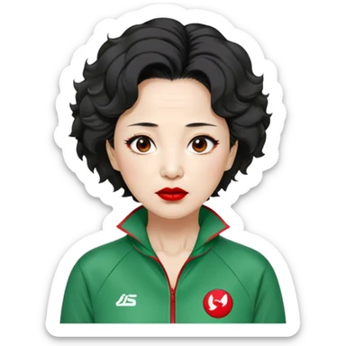 Han Mi-nyeo : Age: Late 60s
Appearance: A middle-aged woman with wrinkles, frizzy, messy brown black hair and dramatic red lipstick.
Outfit: Green player tracksuit sticker