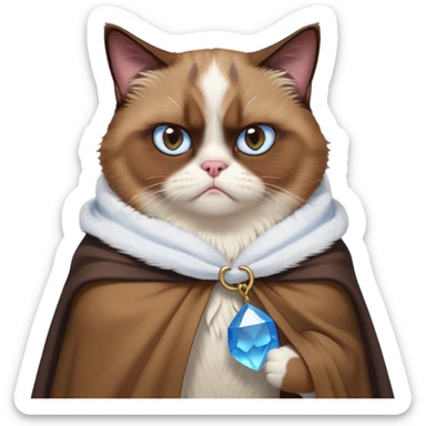 Cinematic Meme-Worthy Grumpy Brown Mantle Snowshoe Cat Portrait Emoji, Head held high but eyes filled with dramatic disappointment, soft brown fur draped like a cape, white paws planted firmly in defiance, signature grumpy cat frown perfectly etched on its face, icy-blue eyes radiating pure disapproval, Simplified yet hilariously over-exaggerated features, highly detailed, glowing with an aura of supreme annoyance, high shine, exhausted yet judgmental, stylized with an almost regal pettiness, bright but brooding, soft glowing outline, capturing the essence of a feline that has seen it all and is thoroughly unimpressed, so meme-worthy it feels like it could instantly become the next viral sensation of grumpiness! sticker
