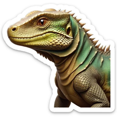 Cinematic Noble Komodo Dragon Lizard Portrait Emoji, Poised and regal, with a rugged, scaled body and powerful stance, deep-set intense eyes and textured, weathered skin, Simplified yet sharp and sophisticated features, highly detailed, glowing with a soft, ancient glow, high shine, intelligent and formidable, stylized with an air of primordial authority, focused and commanding, soft glowing outline, capturing the essence of a watchful and confident guardian that appears ready to stride out of the screen with timeless power! sticker