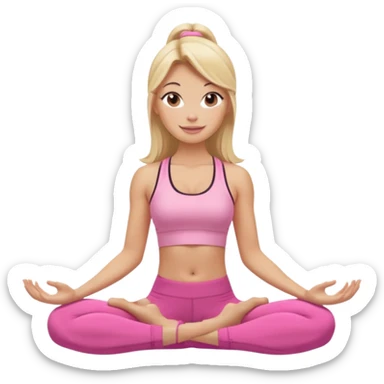 Mujer color de piel moreno con cabello rubio suelto y lacio y largo, que tenga gloss en los labios y se vea usando Blush rosita, usando un top rosa deportivo y leggins deportivo rosa en una pose de yoga sentada, viendo hacia enfrente con ojos negros y sonriendo sin mostrar los dientes sticker