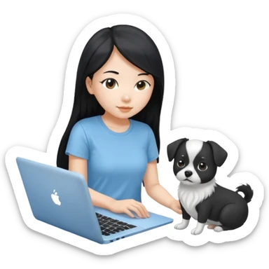Asian girl with long black hair, wearing a light blue t-shirt, working on an Apple laptop, beside a small black and white dog sticker