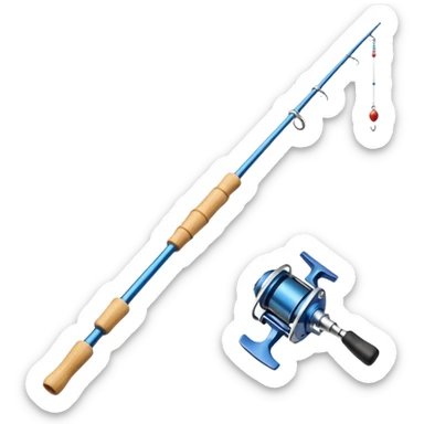 Genmoji-style bamboo fishing rod emoji, simple beginner rod, smooth rounded shapes, soft gradients, small reel, exactly one fishing line hanging from the tip, 3/4 angle, clean silhouette, no hook, no text, transparent background sticker