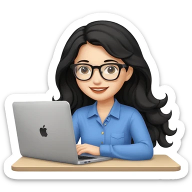 Cute female developer style sitting in front of laptop. No glasses, smiling with long hair waves. Early 20s light skin tone. Black hair sticker