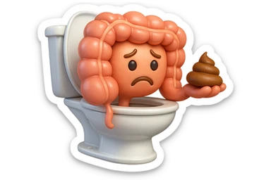 emoji stile iphone di un intestino realistico 3d che esce dal wc con in mano una montagnetta di feci con espressione triste a palline, iperrealistico 4k sticker