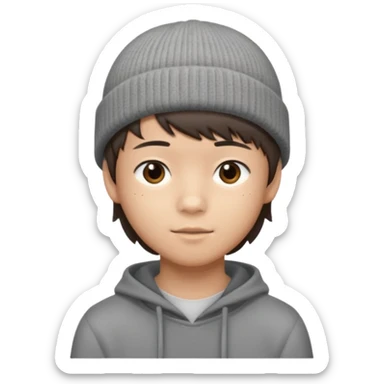 14-year-old Asian boy with short brown hair, side bangs, wearing a grey beanie sticker